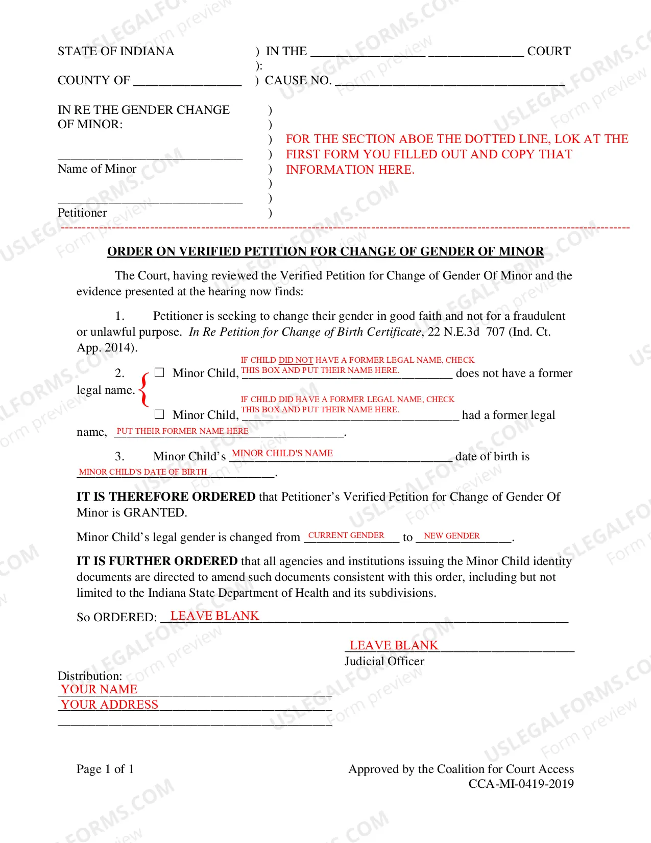 Preview Instructions for Minor Gender Marker Change