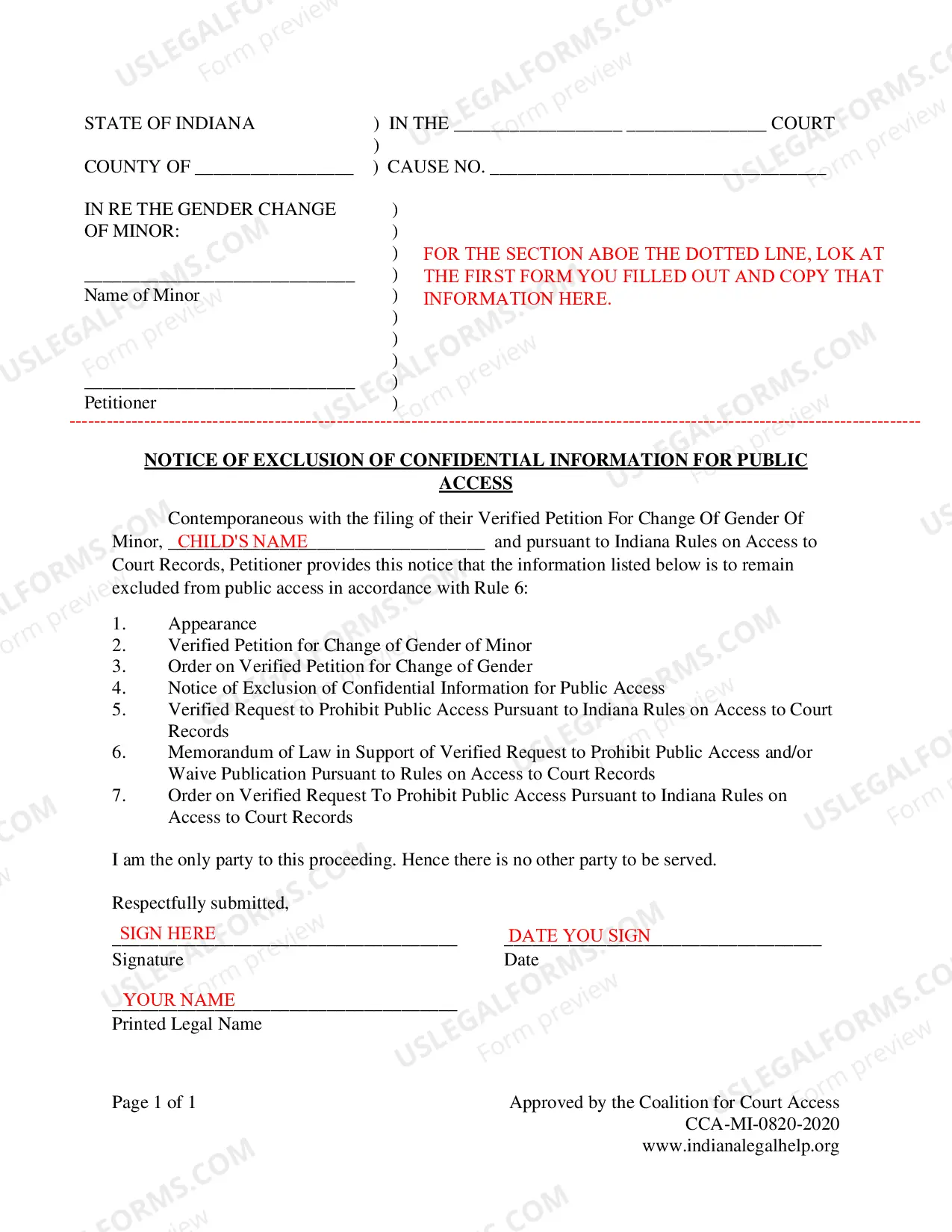 Preview Instructions for Minor Gender Marker Change