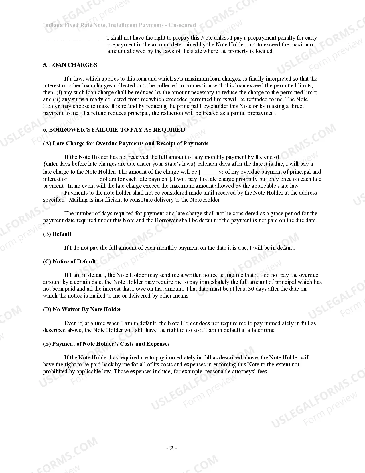 Preview Indiana Unsecured Installment Payment Promissory Note for Fixed Rate