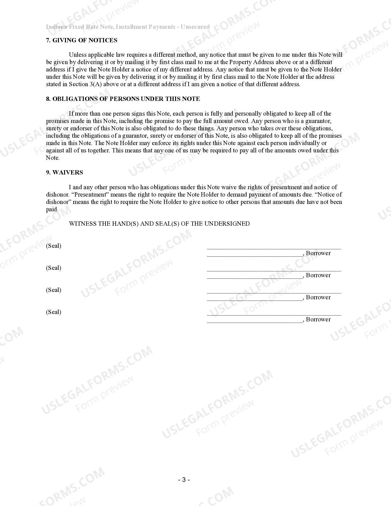 Preview Indiana Unsecured Installment Payment Promissory Note for Fixed Rate