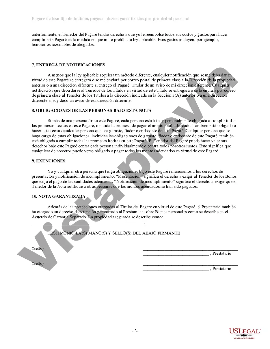 Preview Pagaré de tasa fija a plazos de Indiana garantizado por propiedad personal