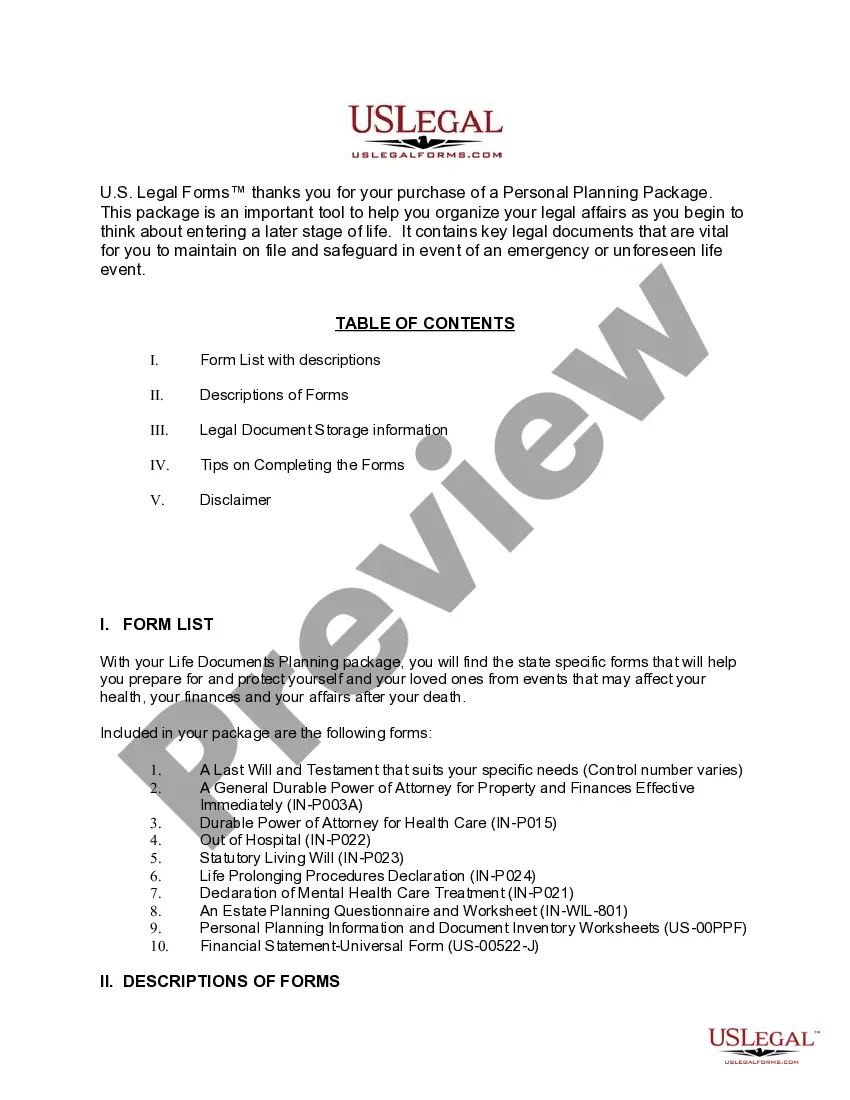 Preview Indiana Life Documents Planning Package, including Will, Power of Attorney and Living Will