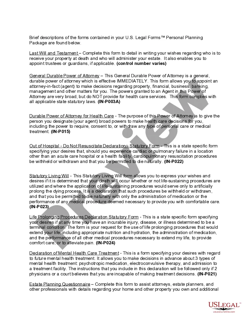 Preview Indiana Life Documents Planning Package, including Will, Power of Attorney and Living Will