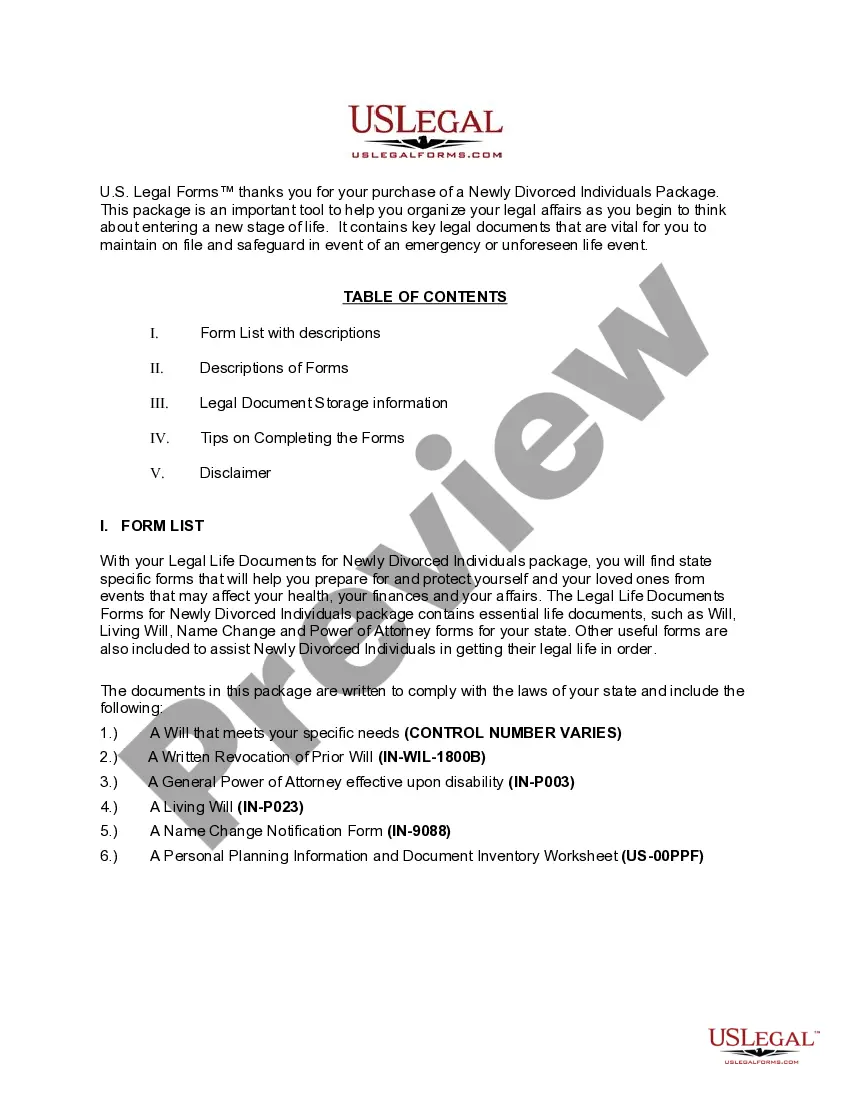 Preview Indiana Newly Divorced Individuals Package