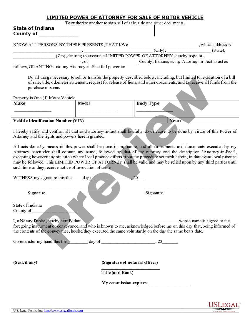 Indiana Power of Attorney for Sale of Motor Vehicle Indiana Bmv Power