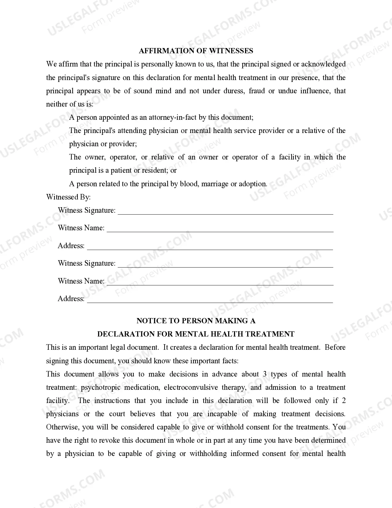 Preview Declaration of Mental Health Care Treatment