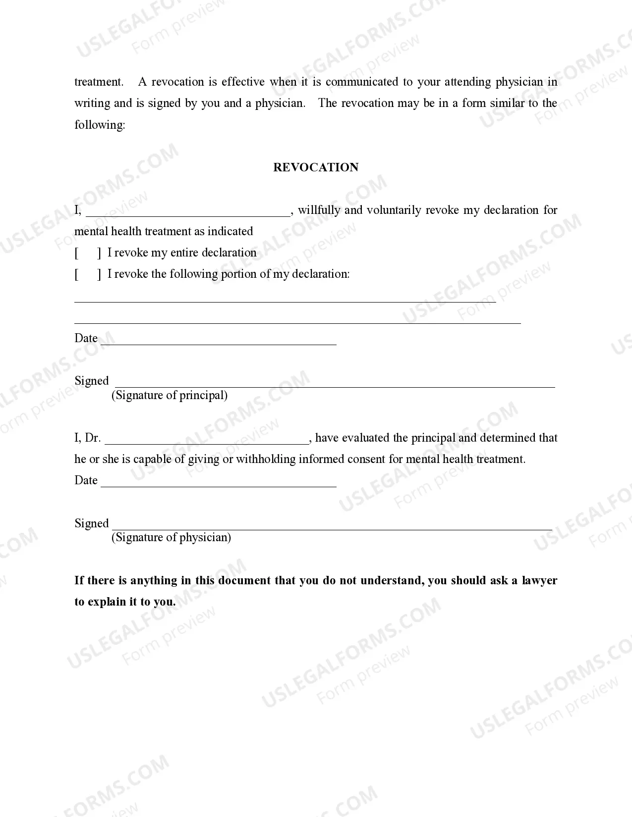 Preview Declaration of Mental Health Care Treatment