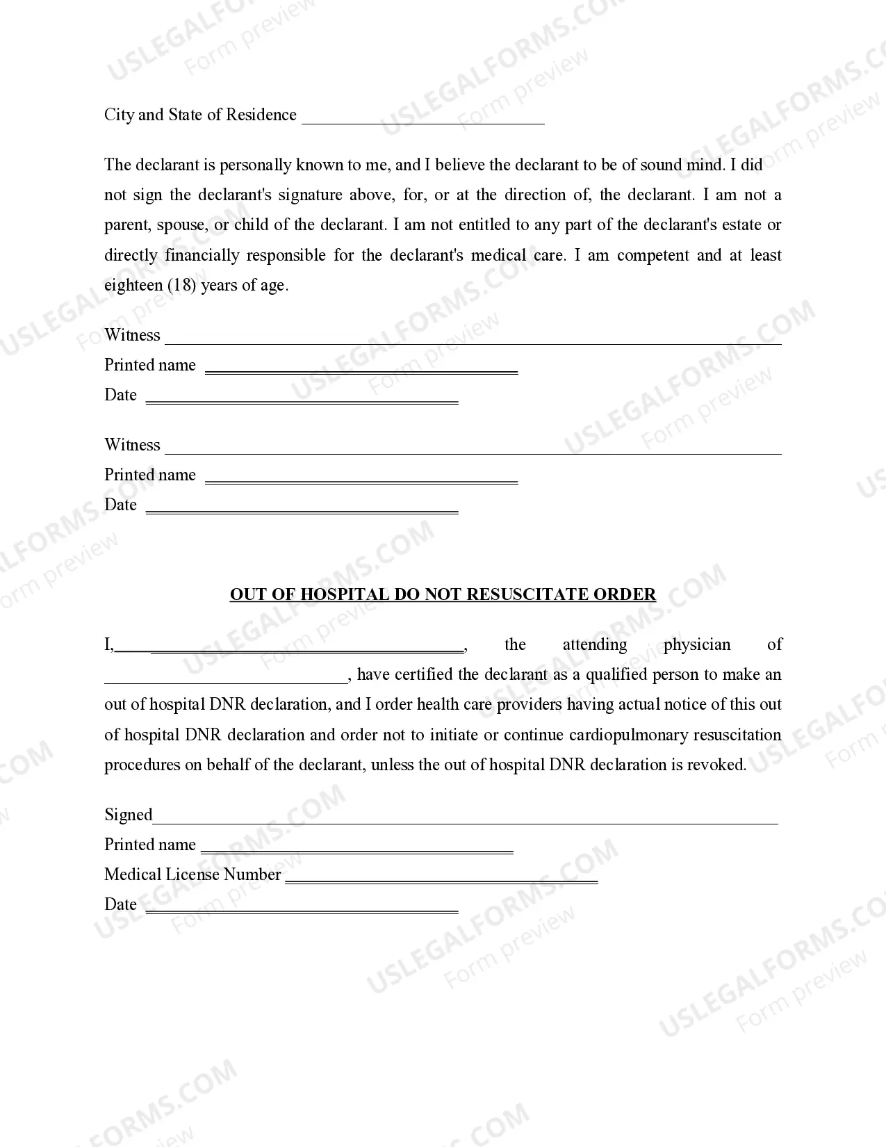 Preview Out of Hospital - Do not Resuscitate Declaration - DNR - Statutory Form