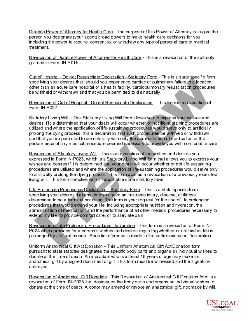 Preview Indiana Living Wills and Health Care Package