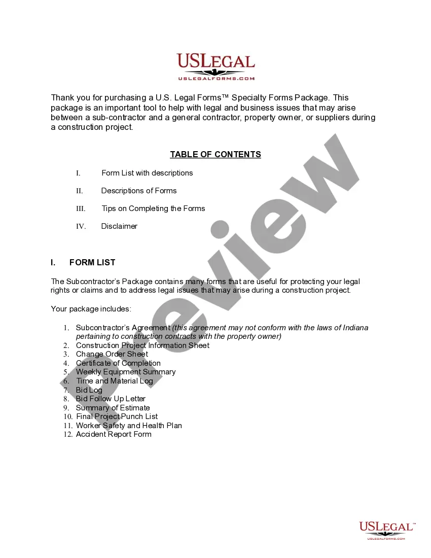 Get Indiana Subcontractors Package Preview Indiana Subcontractors Package