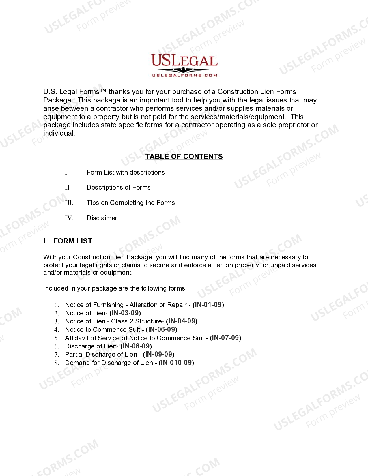 Indiana Construction or Mechanics Lien Package Individual Mechanics Lien Indiana US Legal