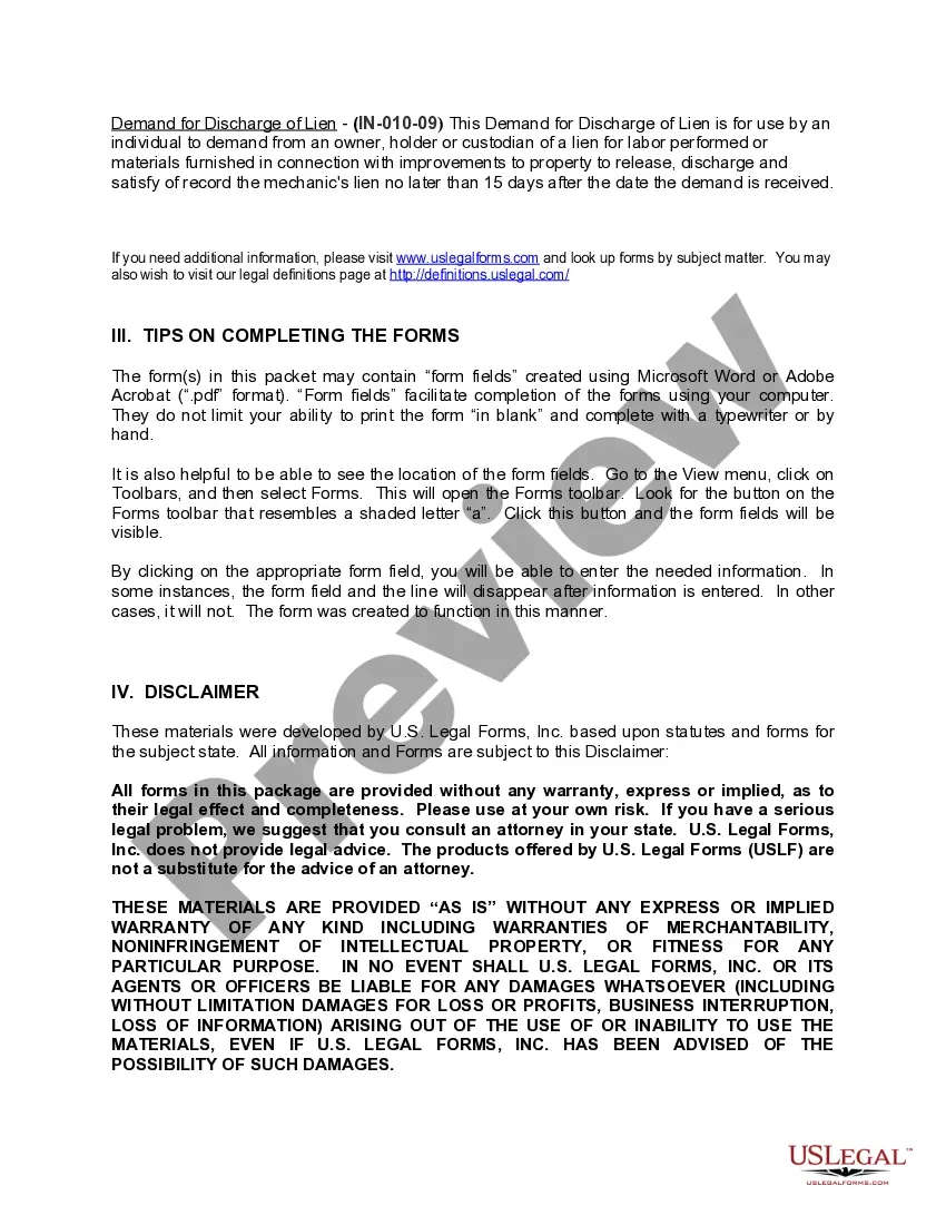 Preview Indiana Construction or Mechanics Lien Package - Individual