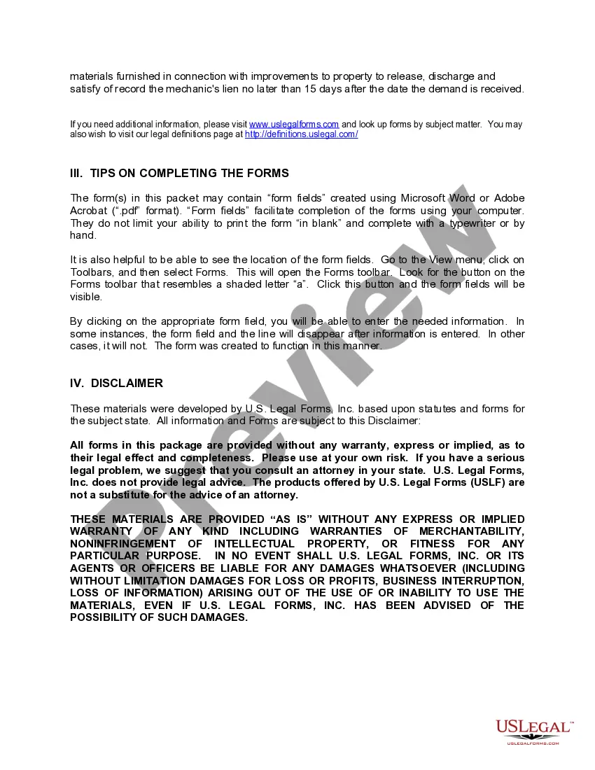 Preview Indiana Construction or Mechanics Lien Package - Corporation or LLC