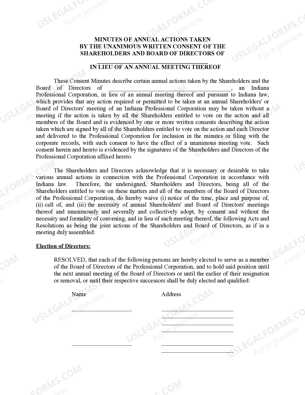Preview Sample Annual Minutes for an Indiana Professional Corporation