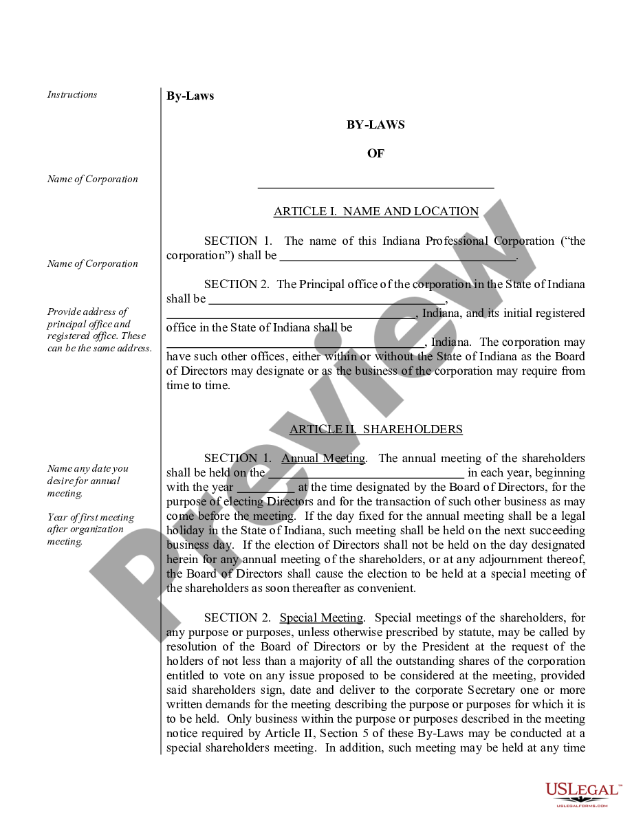 page 1 Sample Bylaws for an Indiana Professional Corporation preview