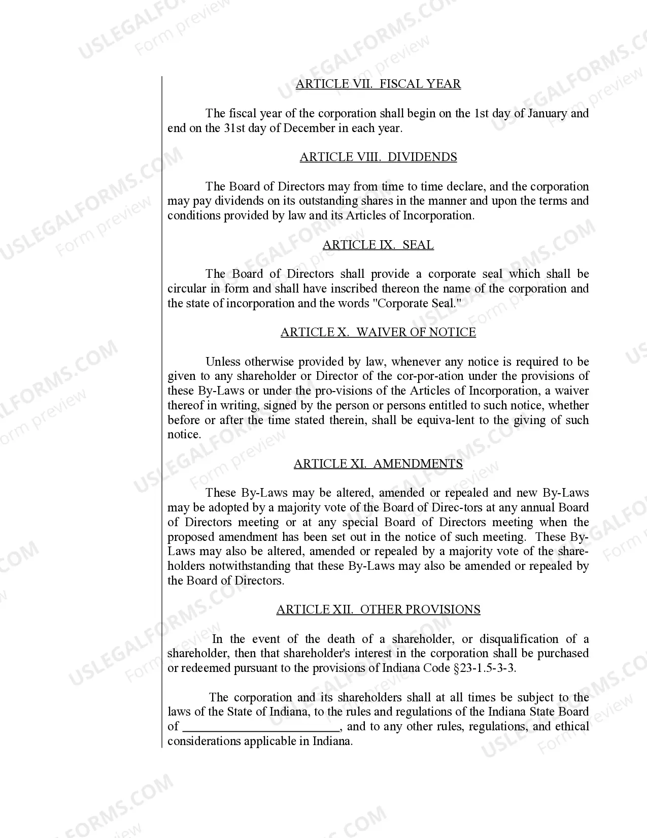 Preview Sample Bylaws for an Indiana Professional Corporation