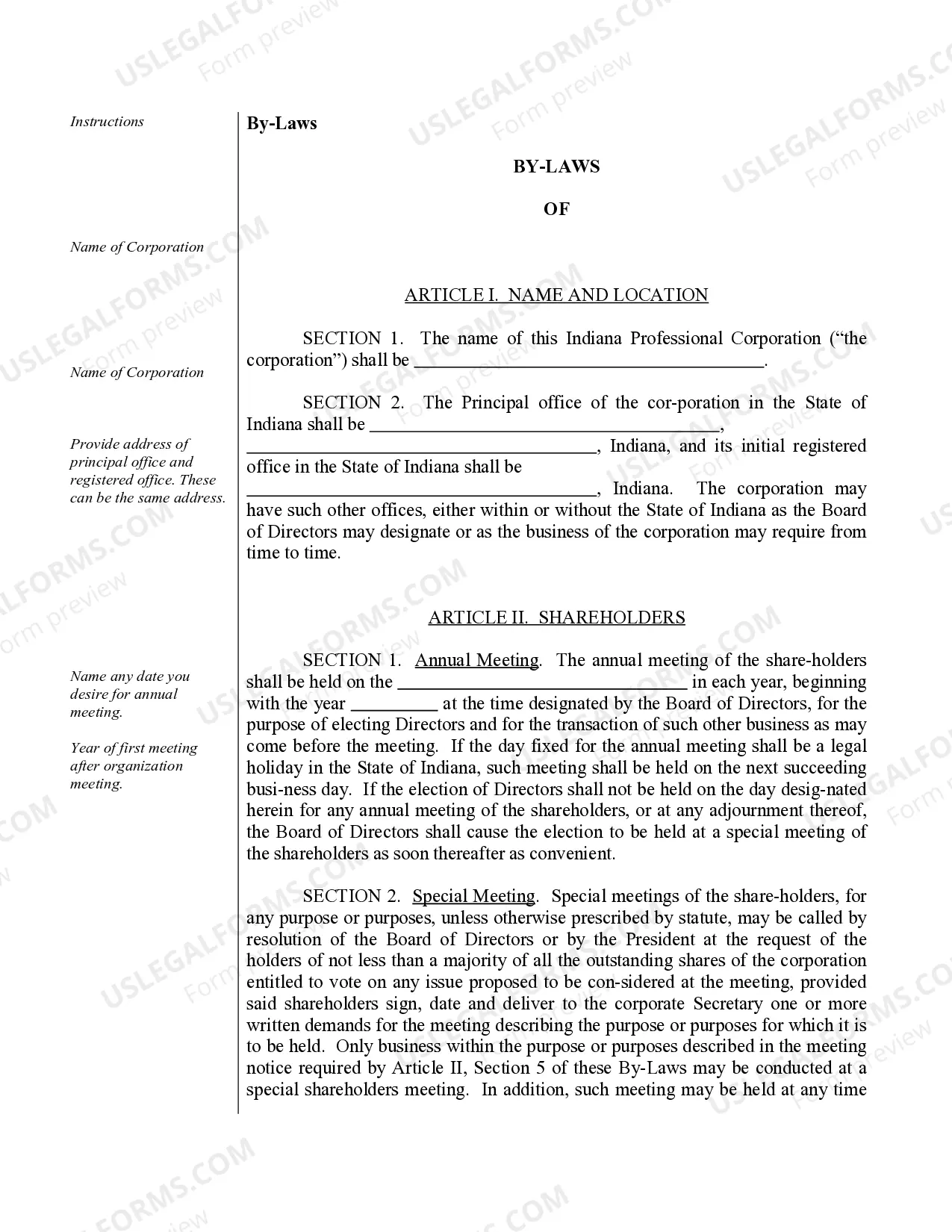 Preview Sample Bylaws for an Indiana Professional Corporation