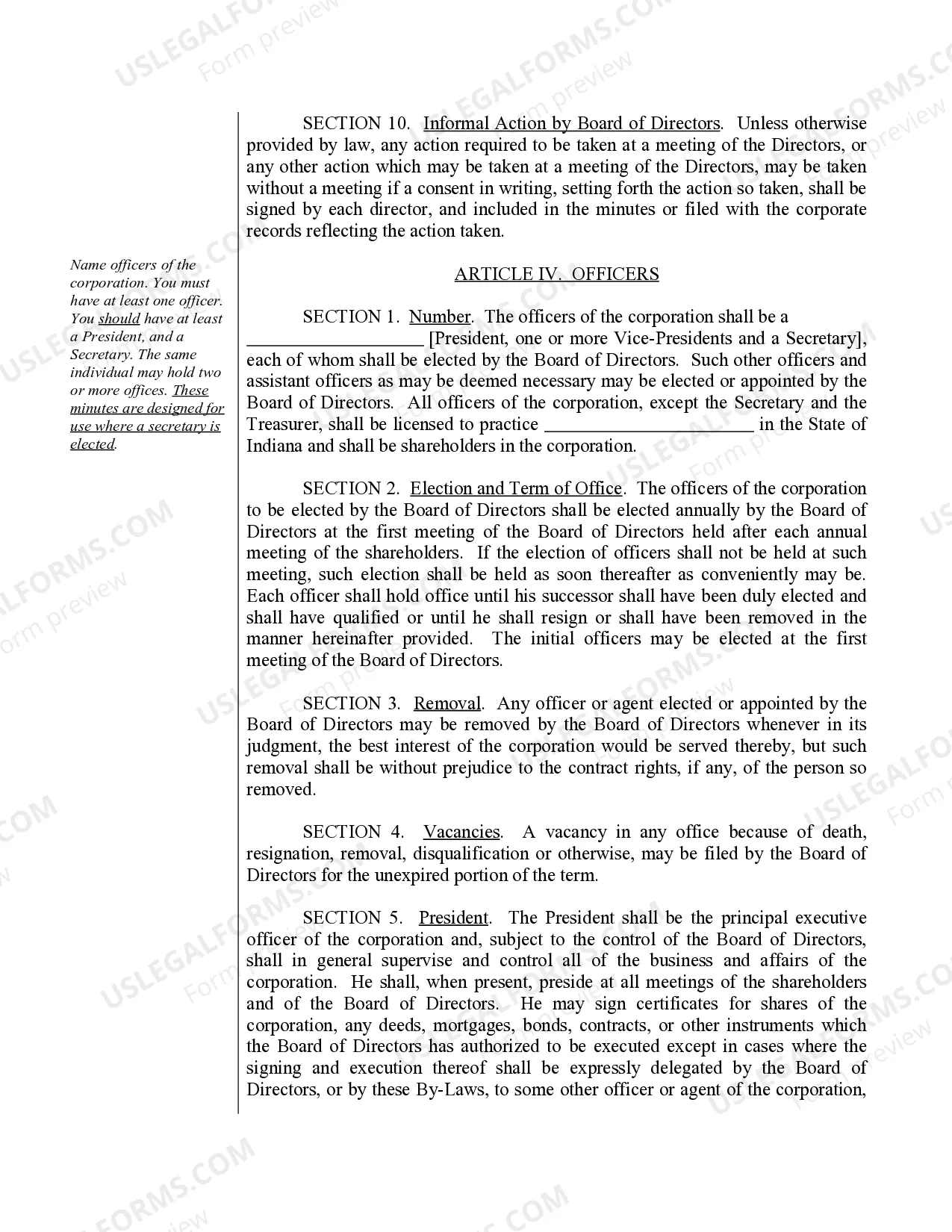 Preview Sample Bylaws for an Indiana Professional Corporation