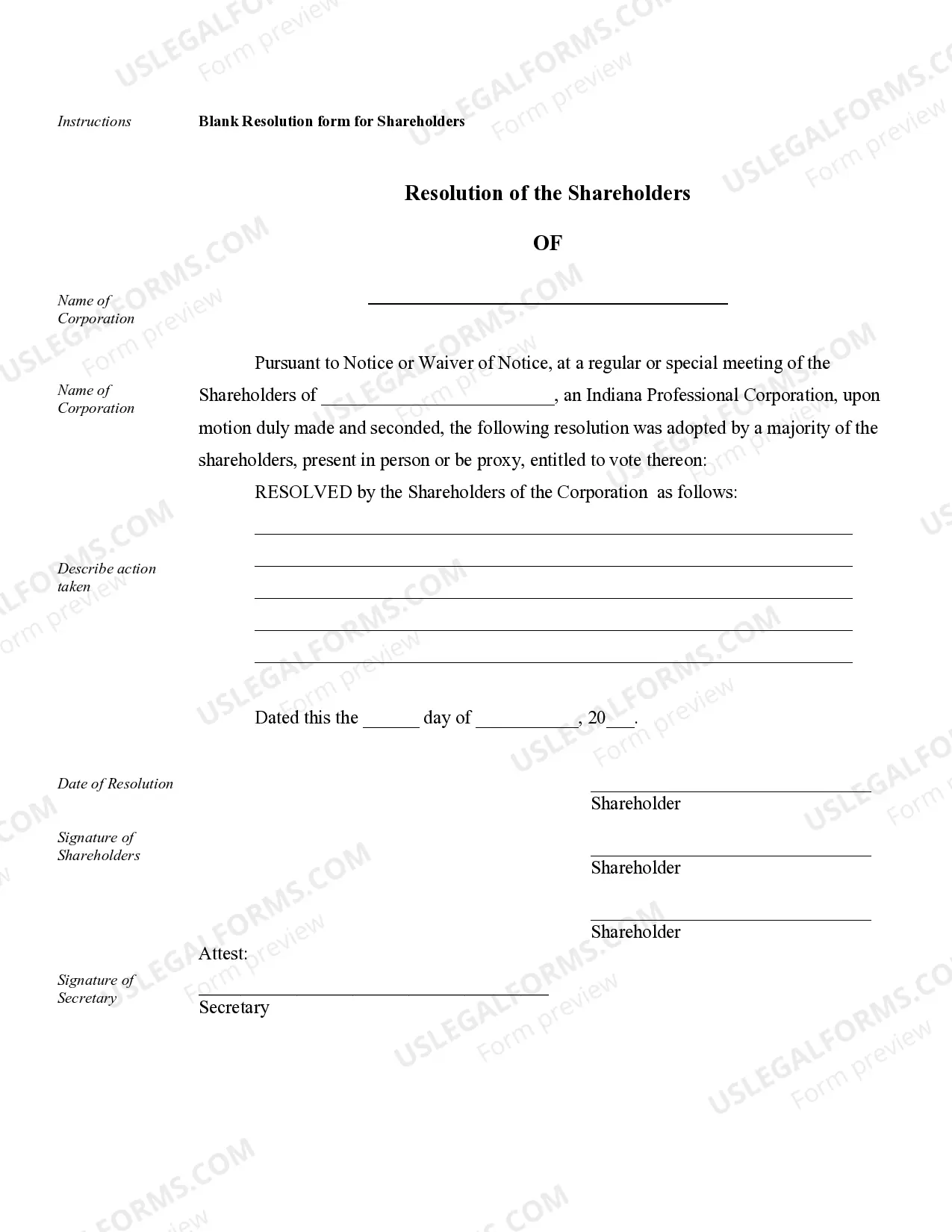 Preview Sample Corporate Records for an Indiana Professional Corporation