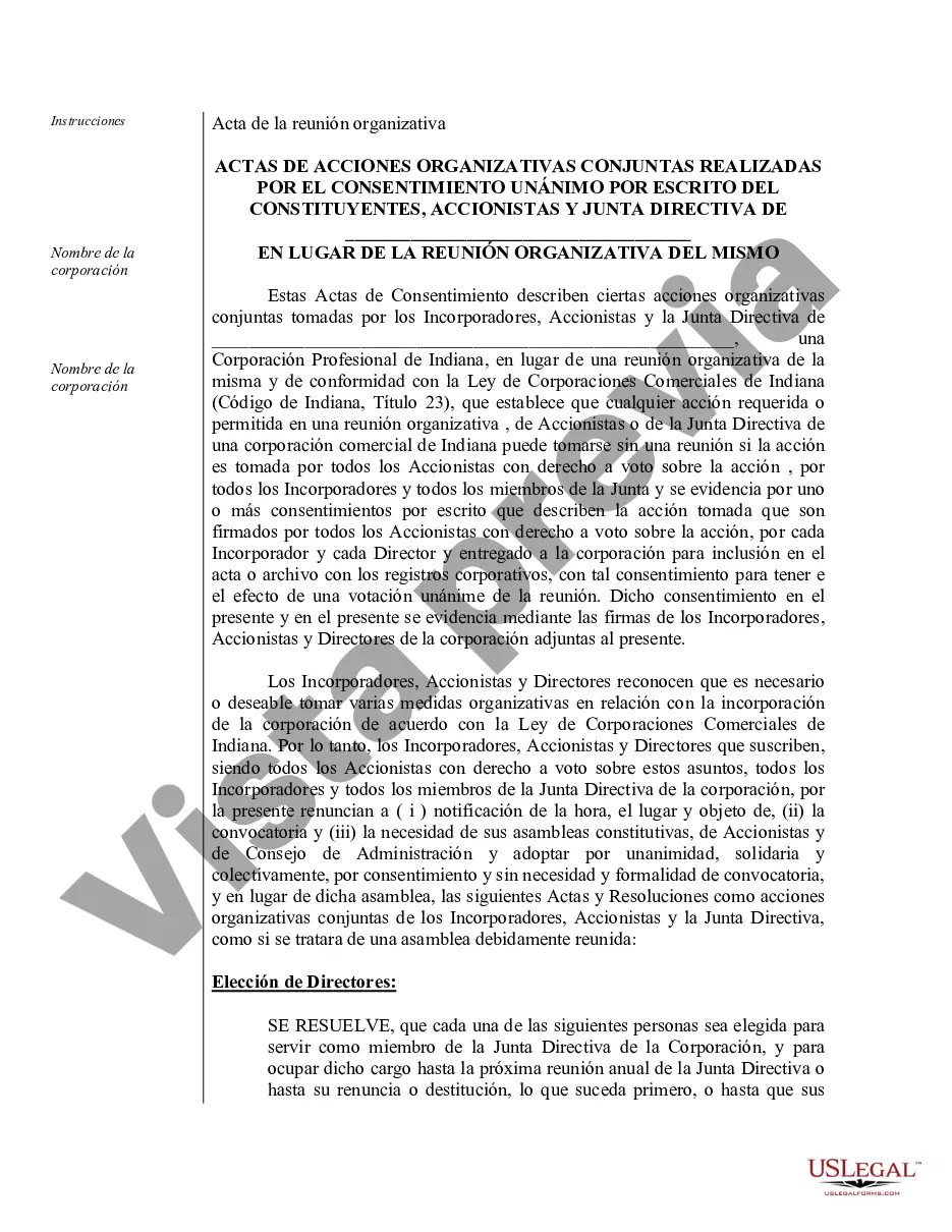 Preview Ejemplo de actas organizativas para una corporación profesional de Indiana