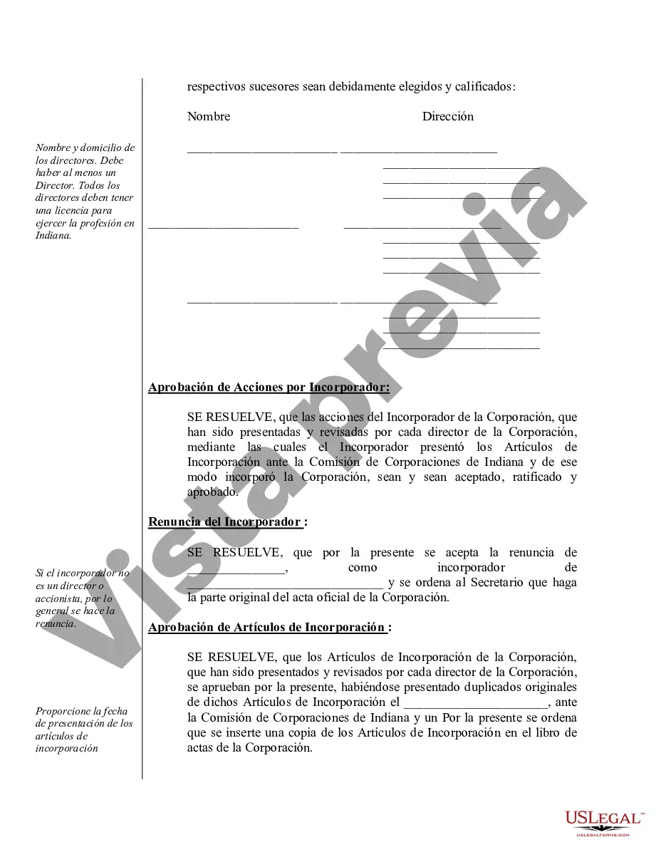 Preview Ejemplo de actas organizativas para una corporación profesional de Indiana