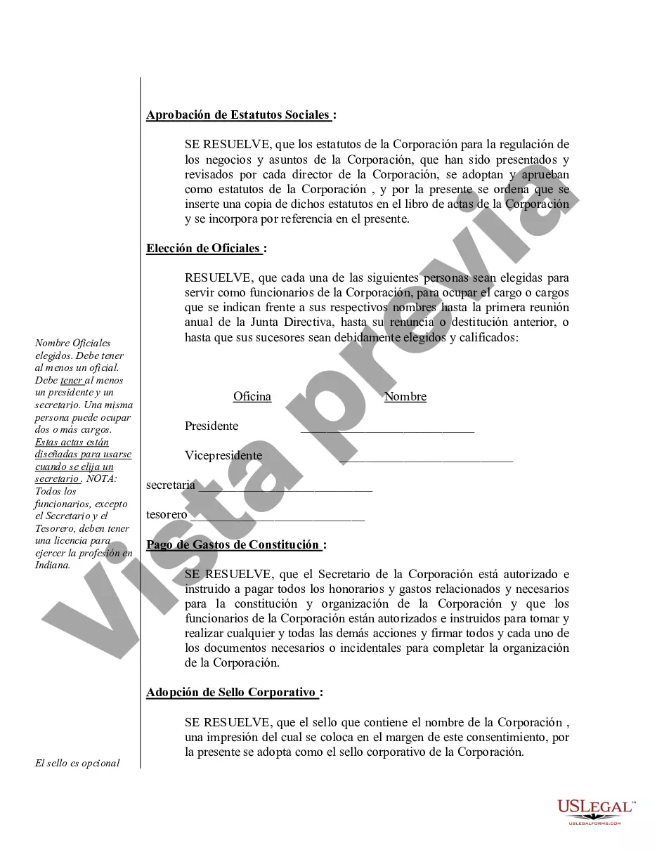 Preview Ejemplo de actas organizativas para una corporación profesional de Indiana