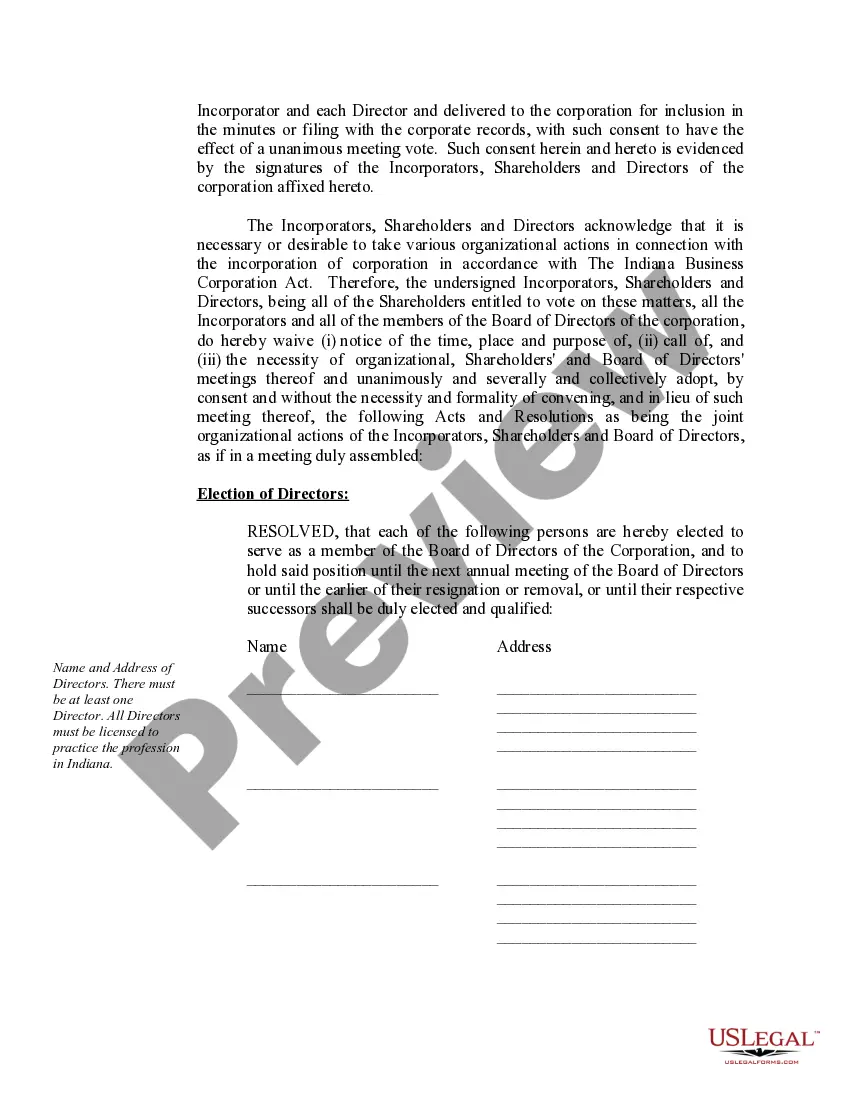 Get Sample Organizational Minutes for an Indiana Professional Corporation Preview Sample Organizational Minutes for an Indiana Professional Corporation