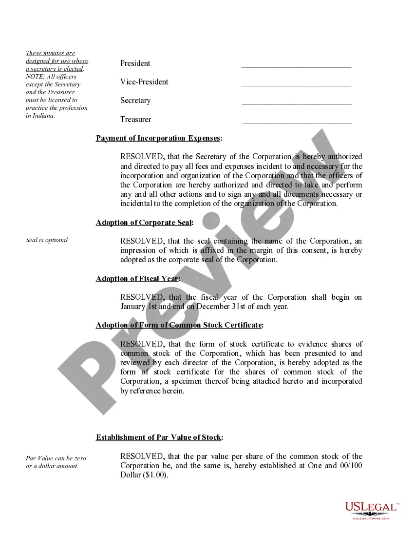 Get Sample Organizational Minutes for an Indiana Professional Corporation Preview Sample Organizational Minutes for an Indiana Professional Corporation
