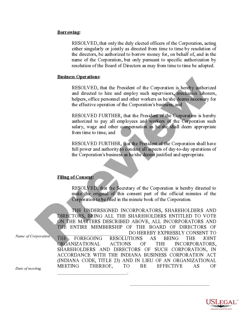 Get Sample Organizational Minutes for an Indiana Professional Corporation Preview Sample Organizational Minutes for an Indiana Professional Corporation