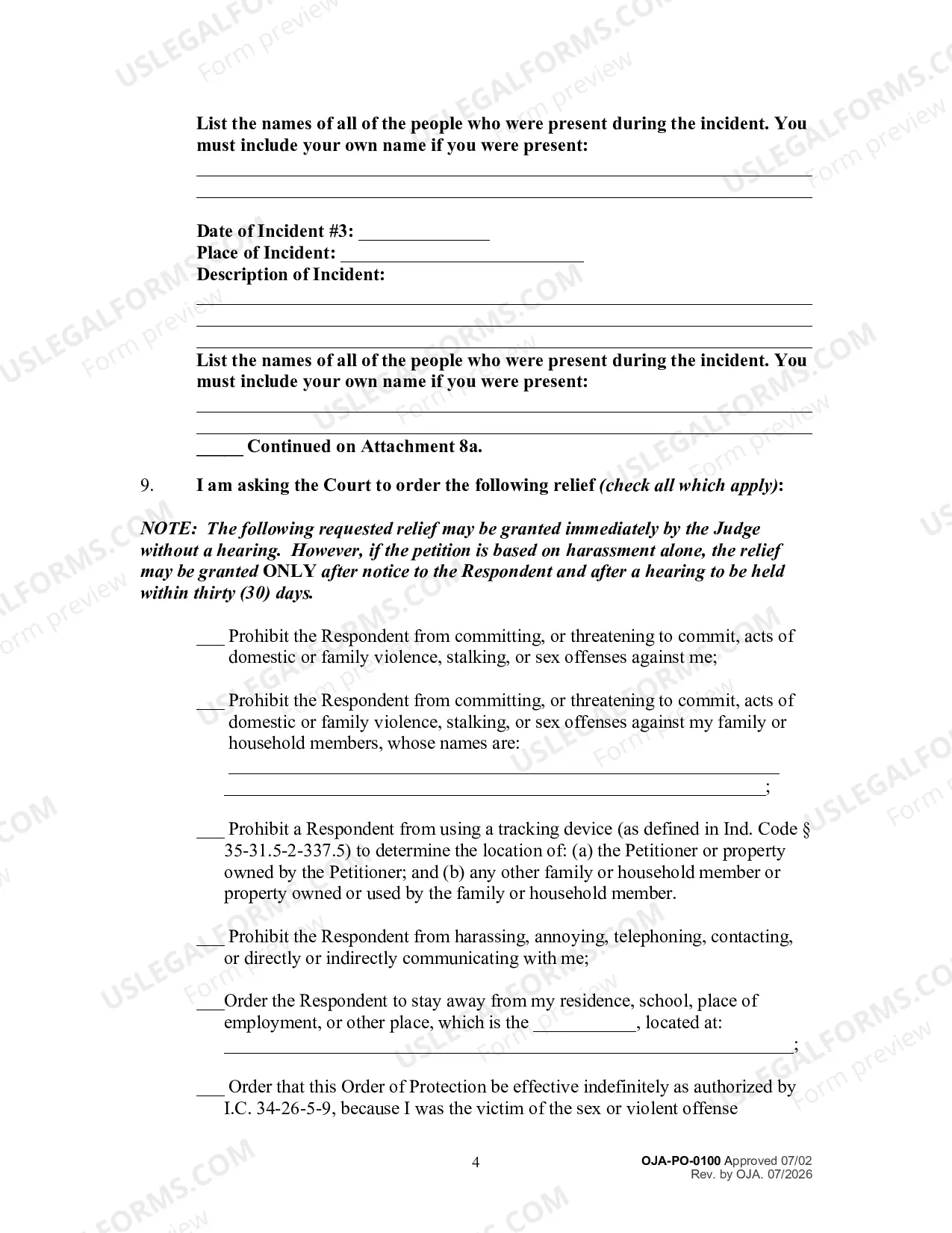 Preview Petition for an Order for Protection and Request for a Hearing (Filed by Person Seeking Protection)