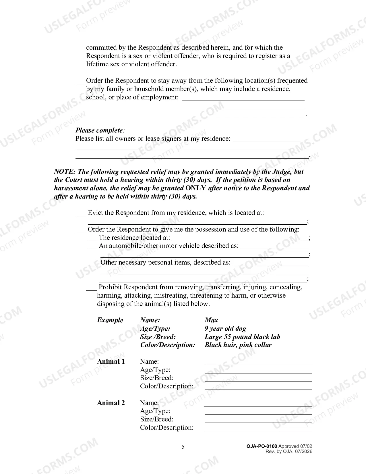 Preview Petition for an Order for Protection and Request for a Hearing (Filed by Person Seeking Protection)