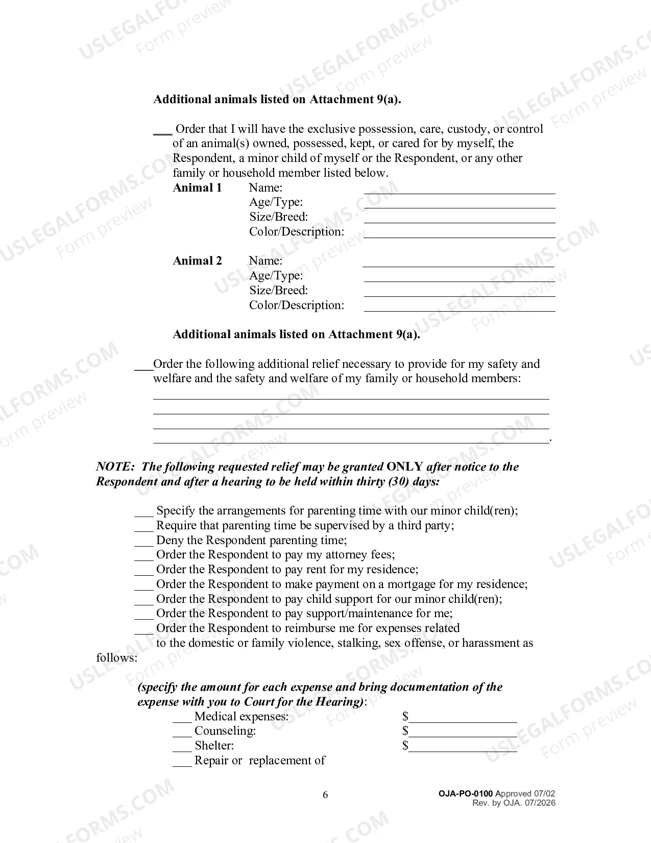 Preview Petition for an Order for Protection and Request for a Hearing (Filed by Person Seeking Protection)