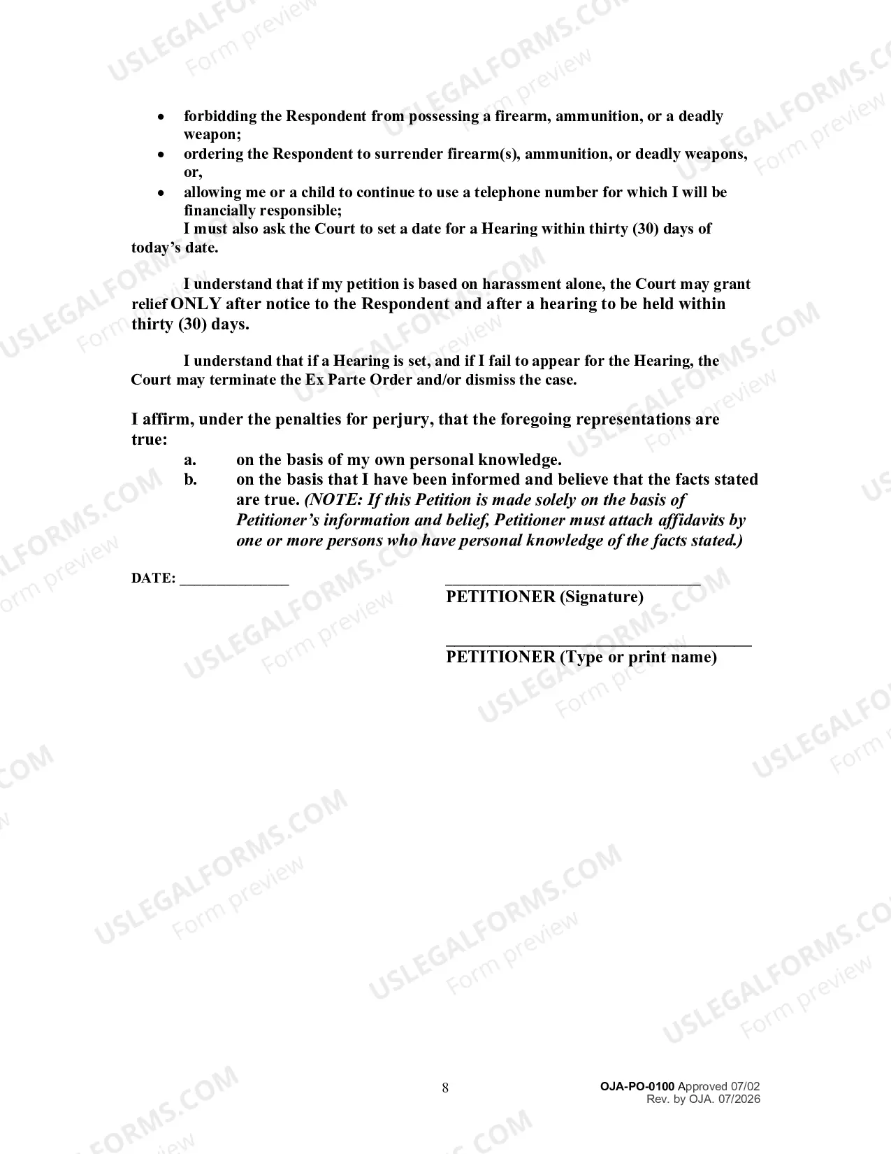 Preview Petition for an Order for Protection and Request for a Hearing (Filed by Person Seeking Protection)