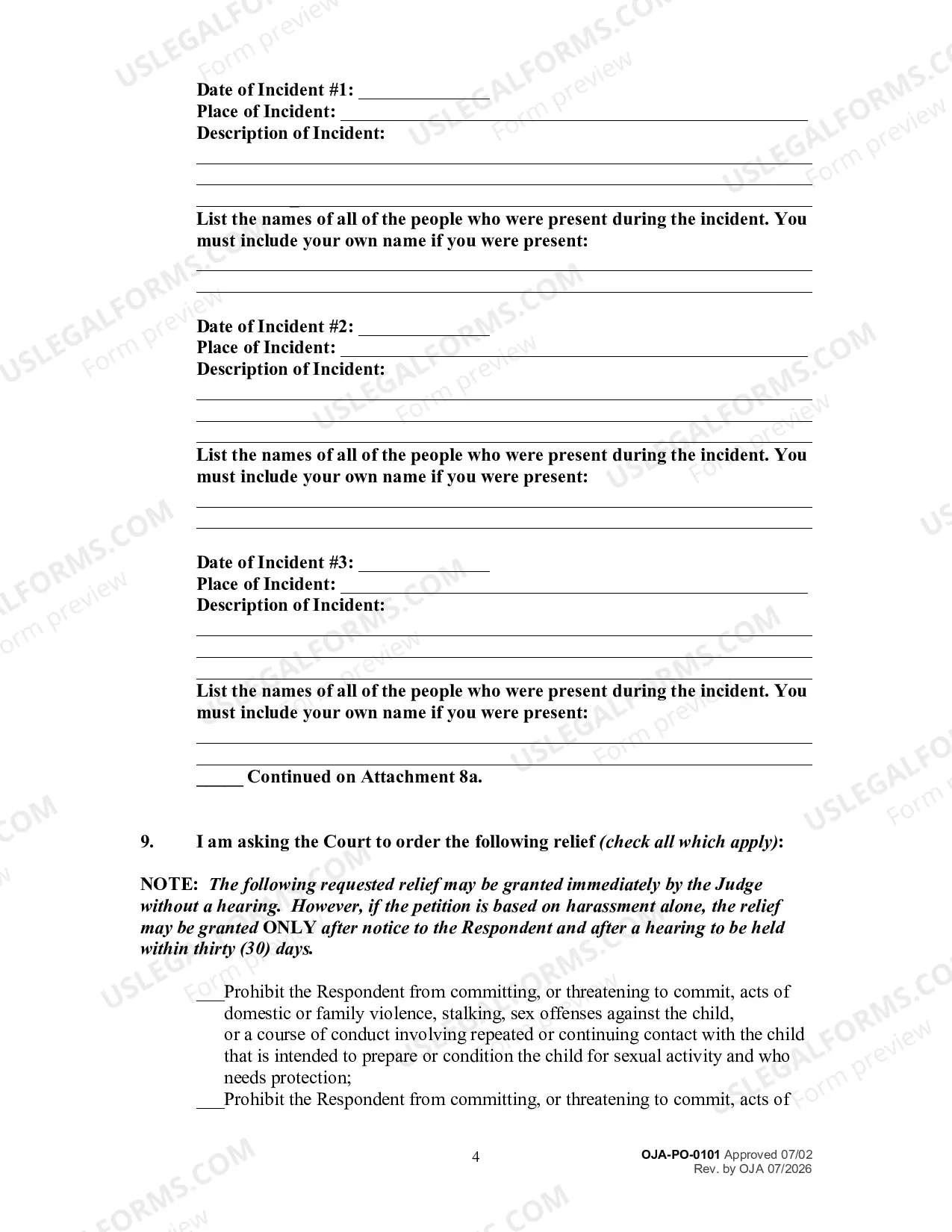 Preview Petition for an Order for Protection and Request for a Hearing (Filed on Behalf of a Child)