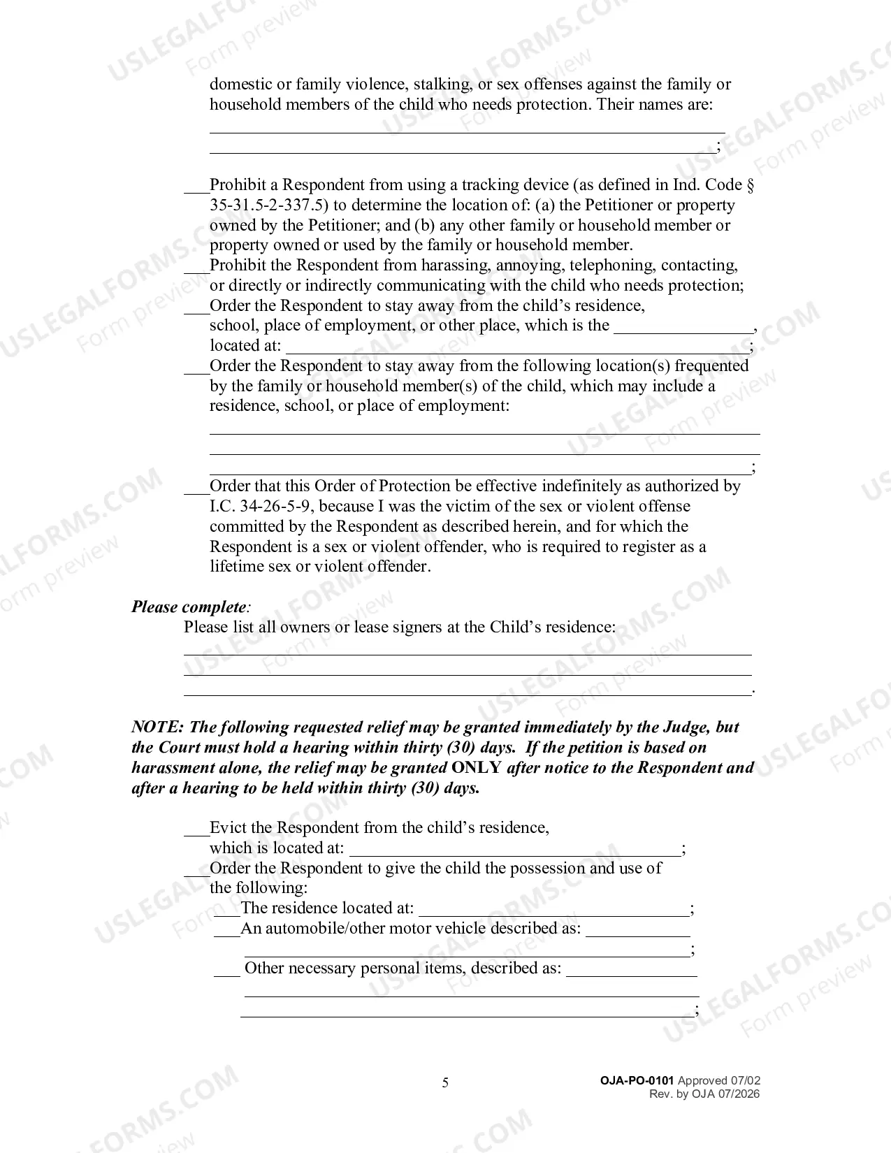 Preview Petition for an Order for Protection and Request for a Hearing (Filed on Behalf of a Child)