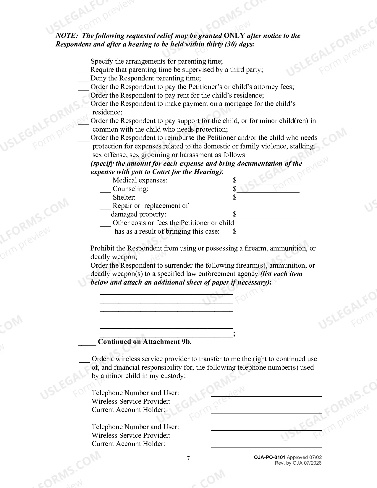 Preview Petition for an Order for Protection and Request for a Hearing (Filed on Behalf of a Child)