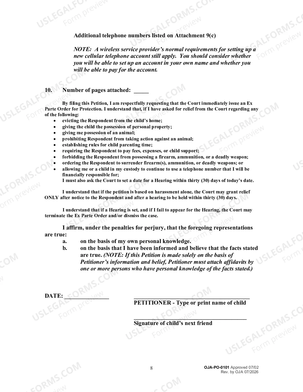 Preview Petition for an Order for Protection and Request for a Hearing (Filed on Behalf of a Child)