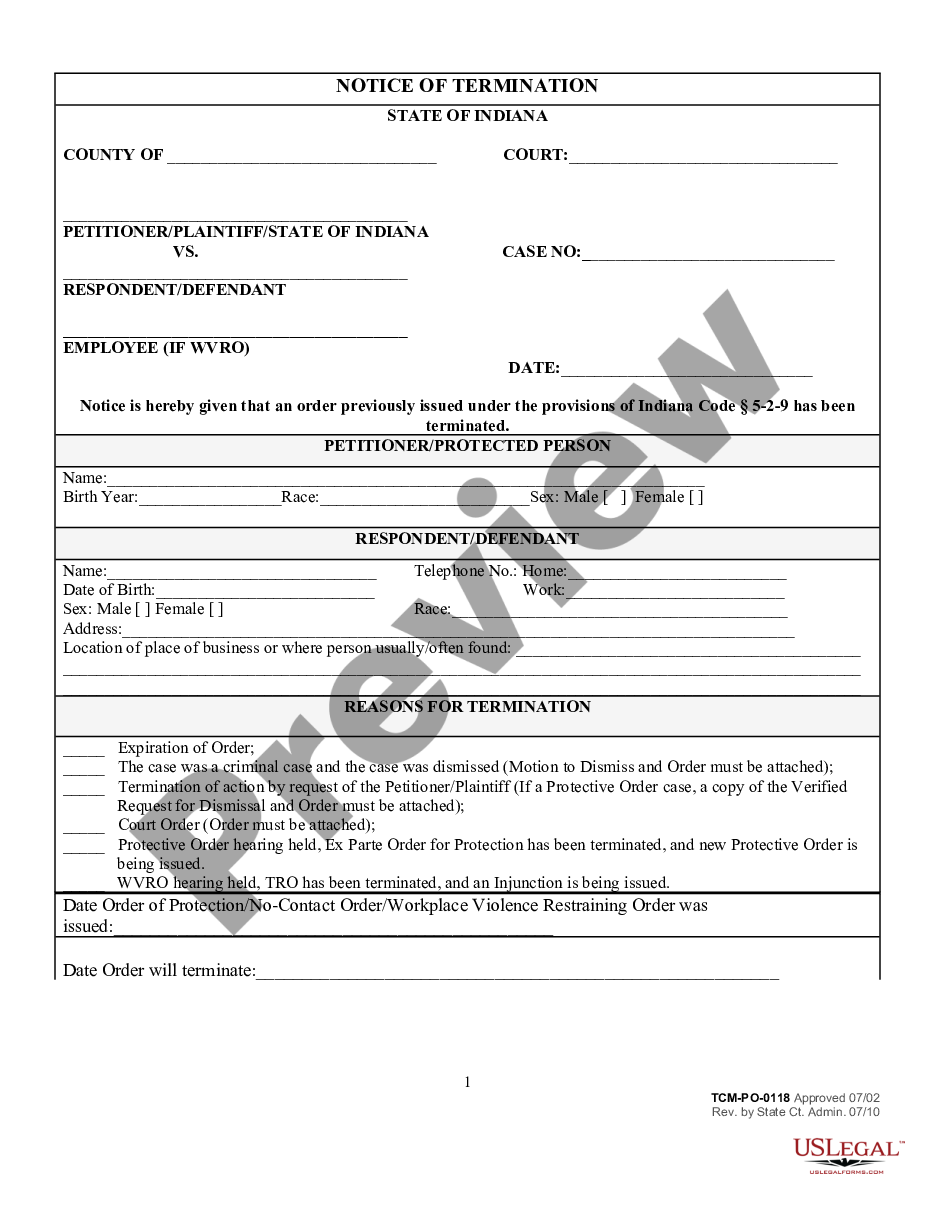 Indianapolis Indiana Notice of Termination Protective Order US Legal