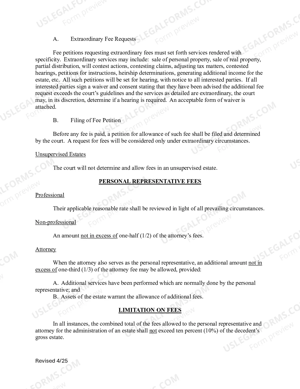 Preview Maximum Fee Guidelines for Supervised Estates (LR29-PR00-711.60) - Form PR 00-7 (PDF)Opens a New Window.