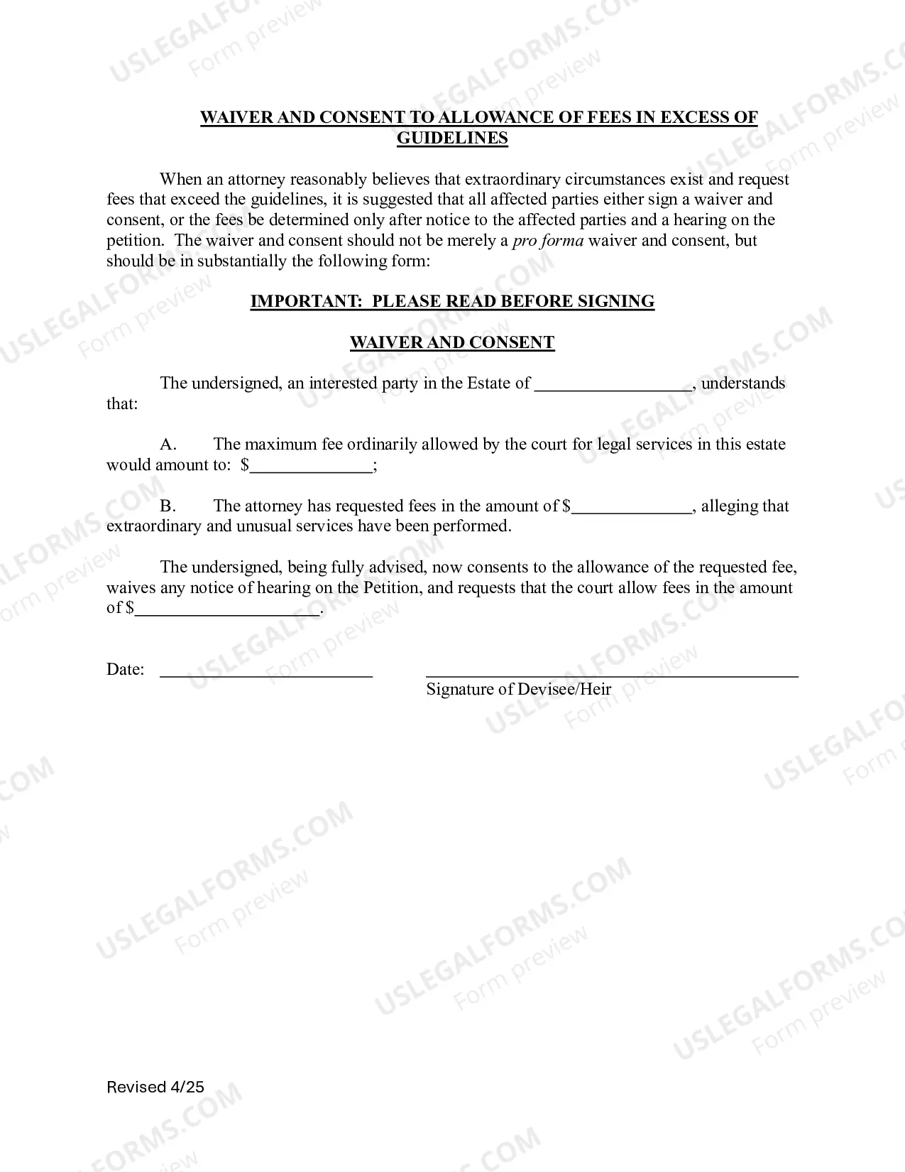 Preview Maximum Fee Guidelines for Supervised Estates (LR29-PR00-711.60) - Form PR 00-7 (PDF)Opens a New Window.
