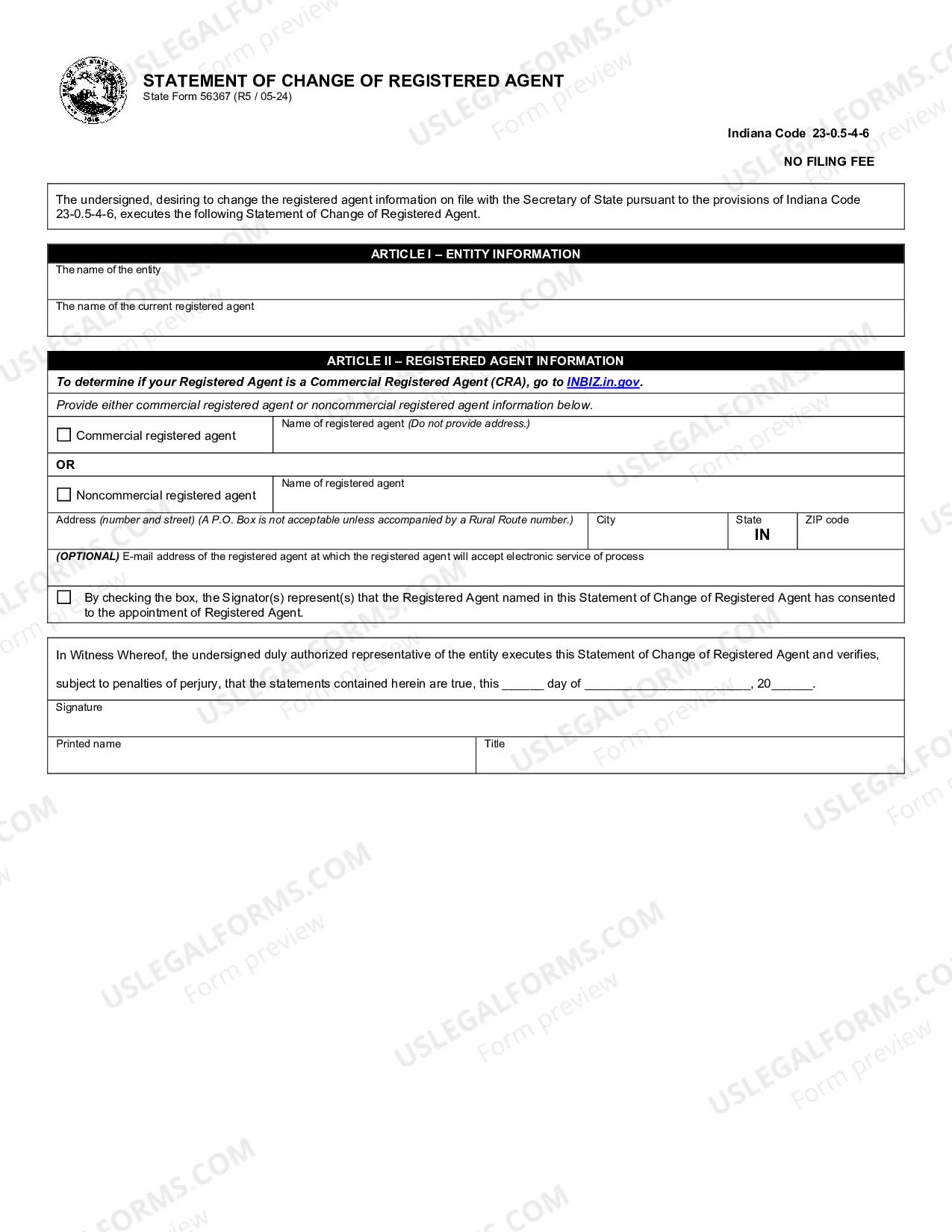 Preview Indiana Change of Registered Agent