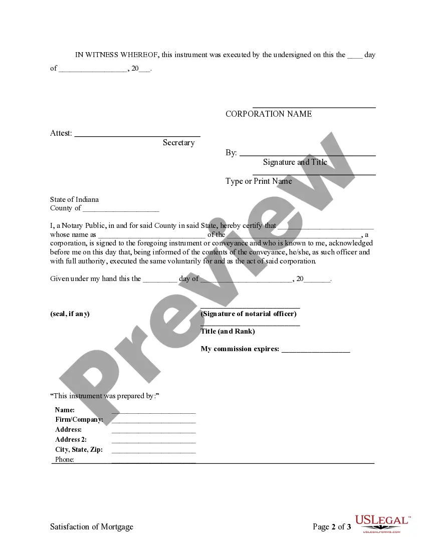 Preview Satisfaction, Release or Cancellation of Mortgage by Corporation