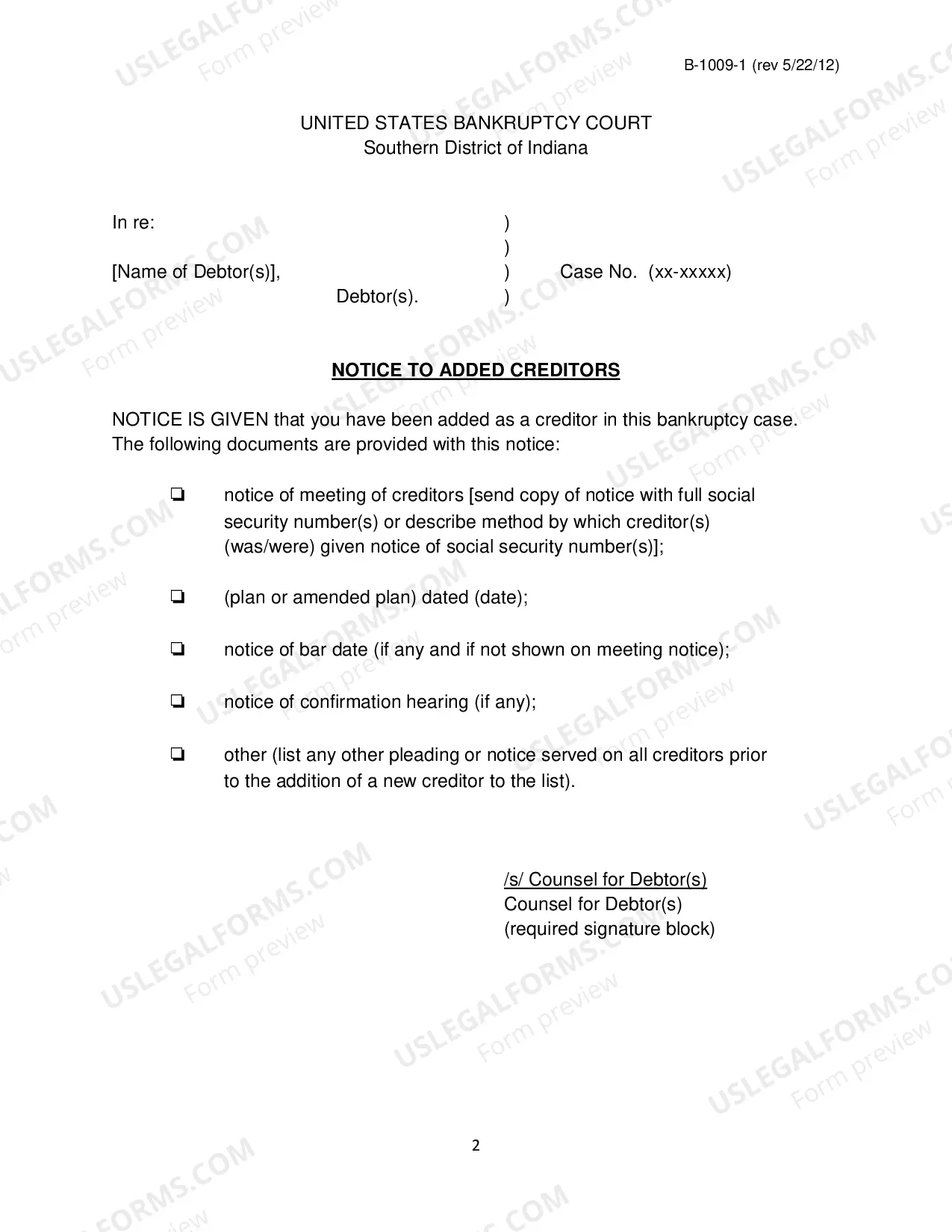 Preview Added Creditors, Certificate of Service