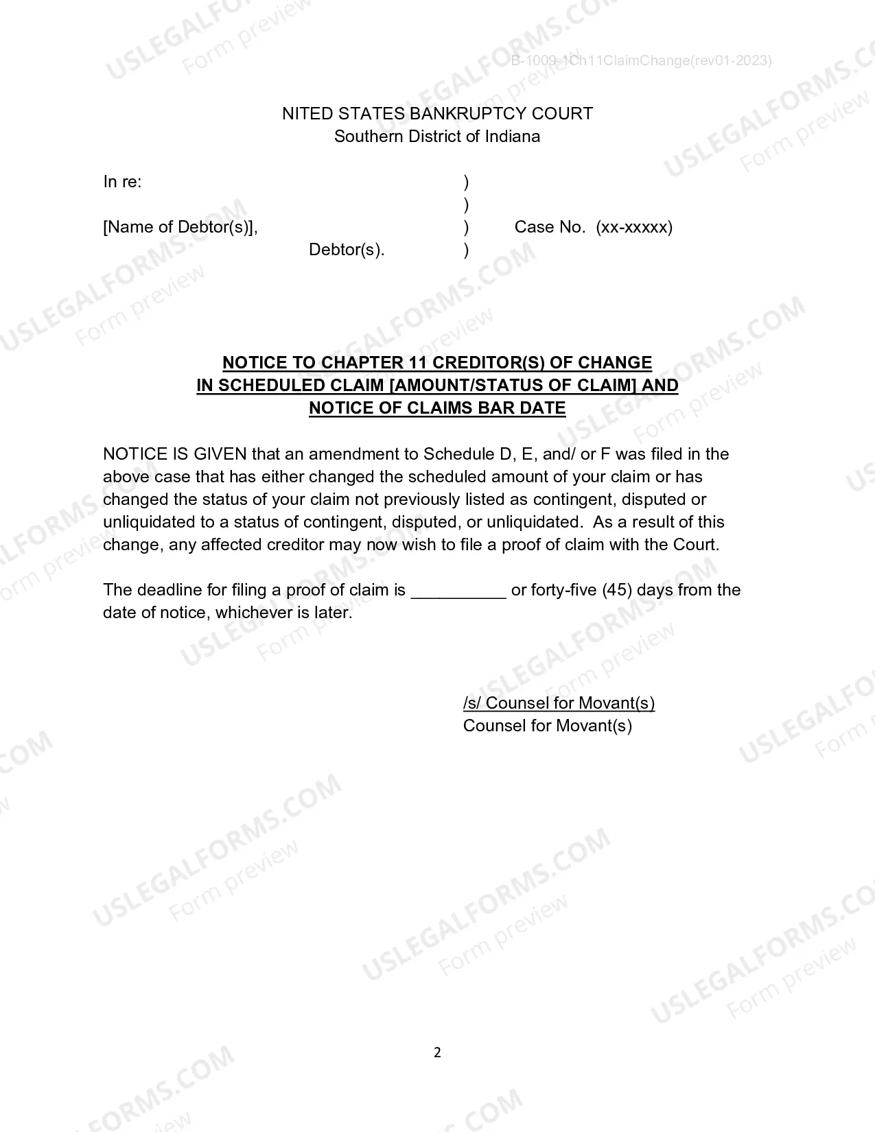 Preview Chapter 11 Creditors - Change in Scheduled Claim and/ or Status, Notice (Chapter 11 only)
