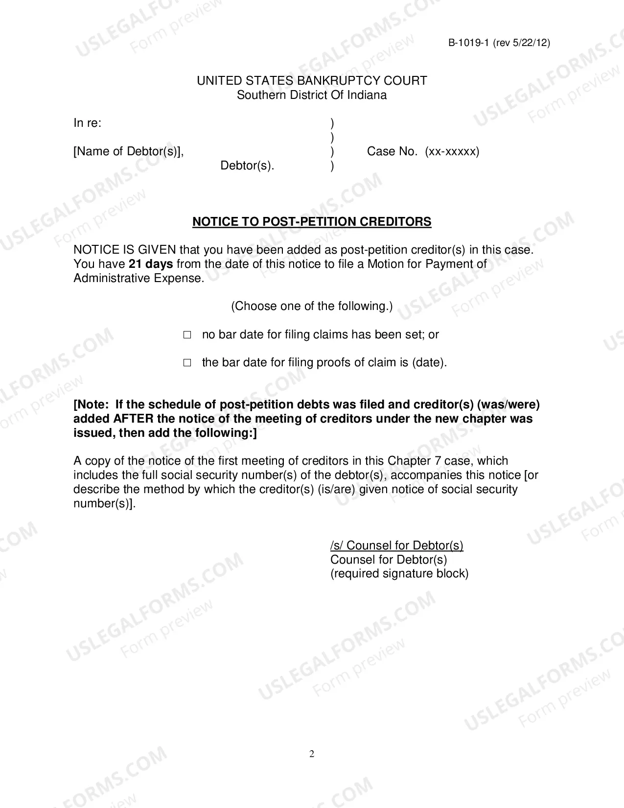 Preview Creditors - Post-Petition, Certificate of Service