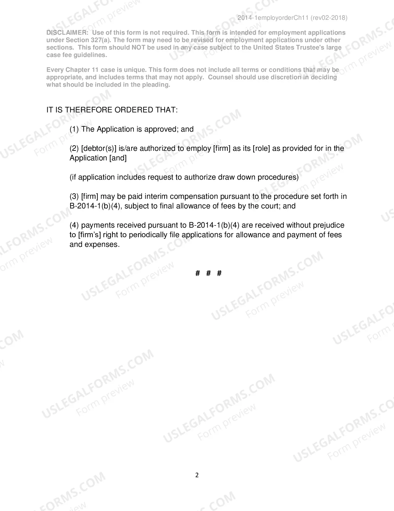 Preview Employment, Order (Chapter 11 Only)