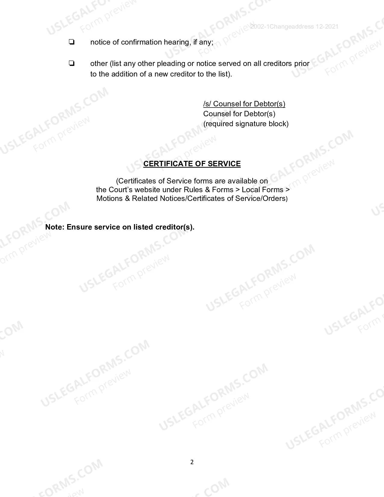 Preview Change of Address: Creditors with New/Corrected Addresses, Notice