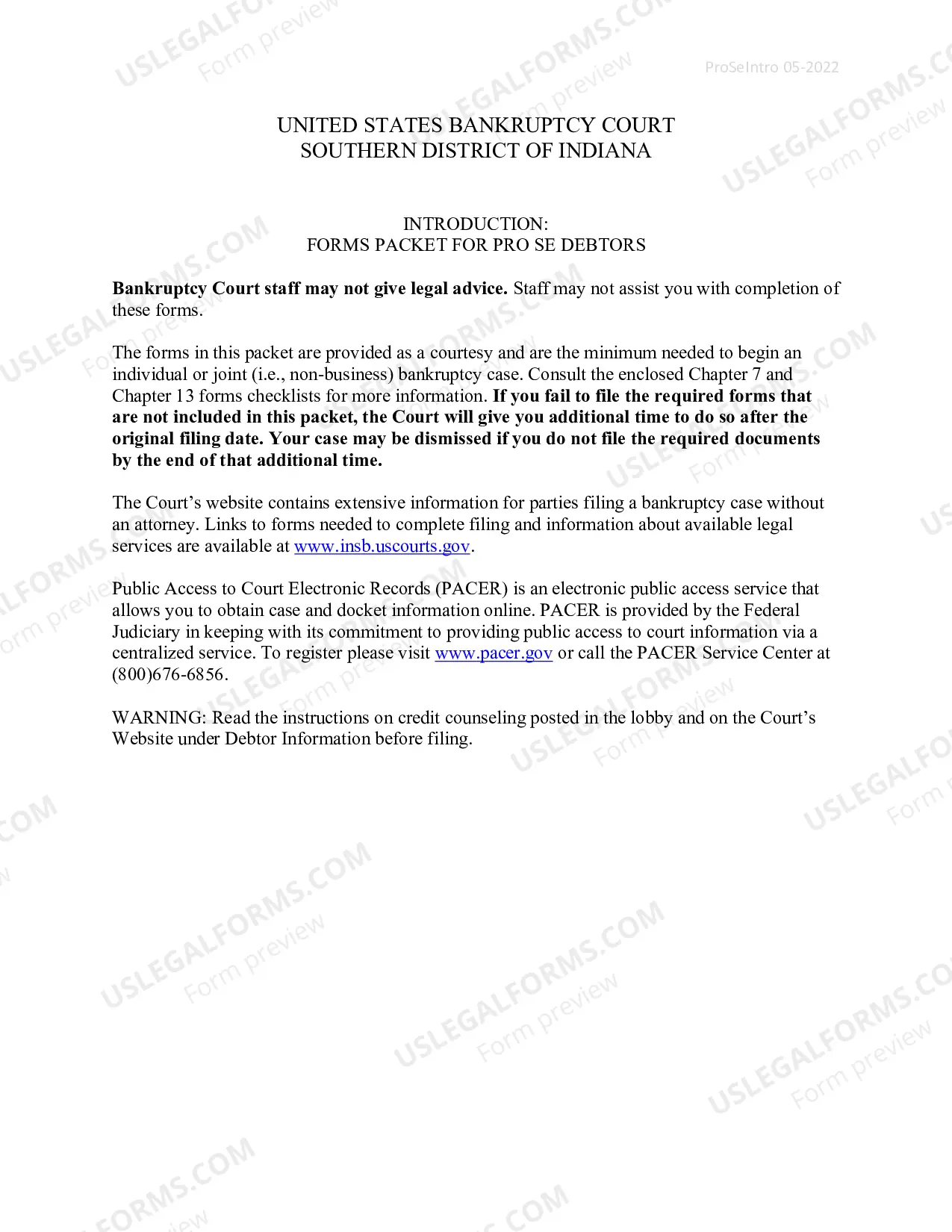 Preview Pro Se Debtor Packet