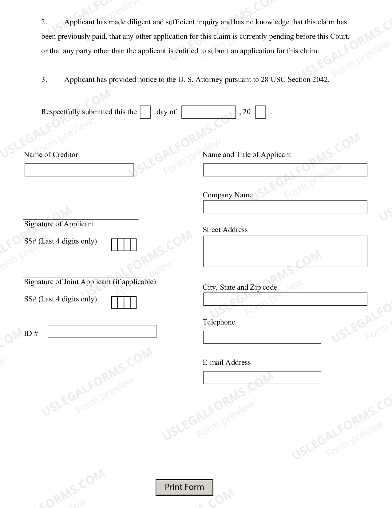 Preview Affidavit of Creditor