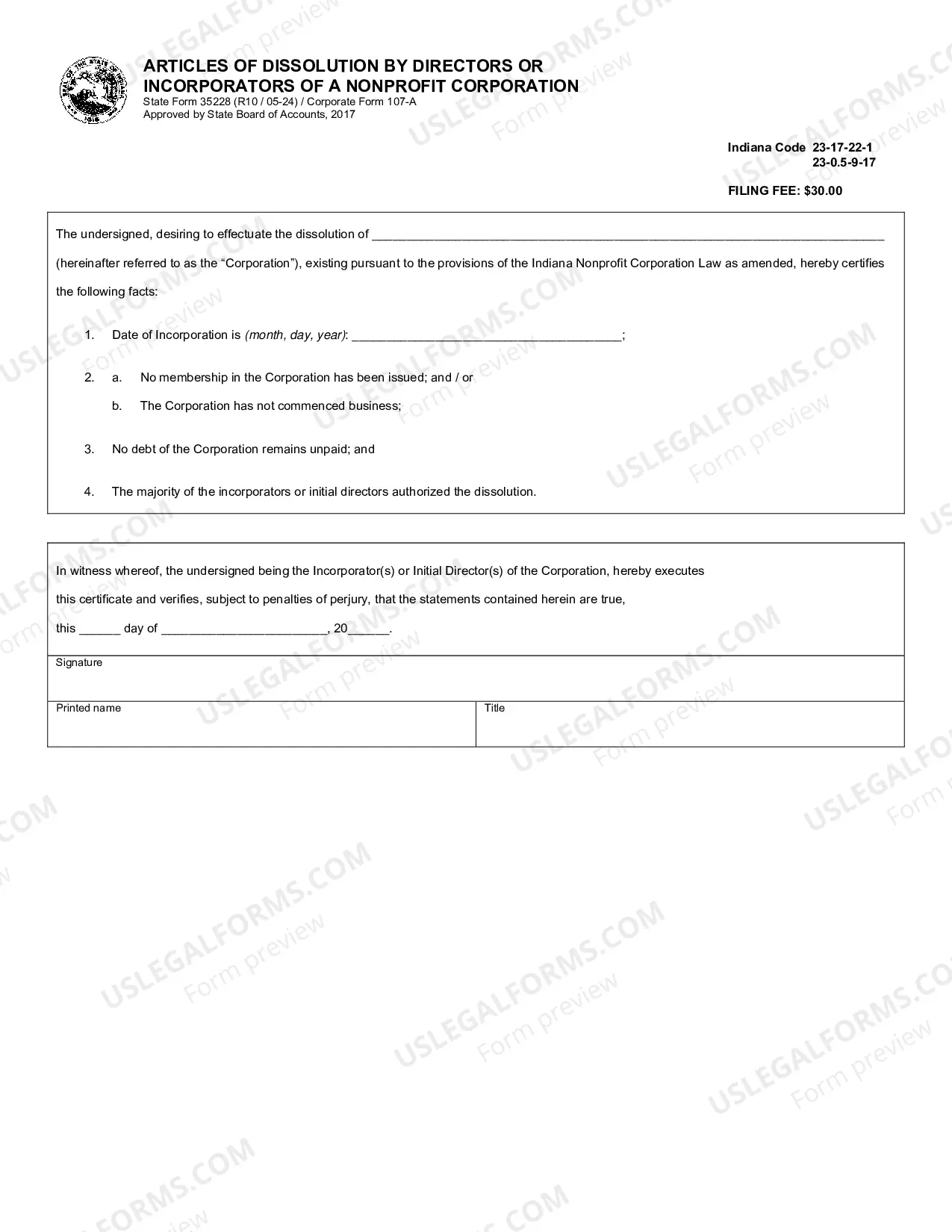 Preview 35228- Articles of Dissolution by Director or Incorporators of a NonProfit Corporation
